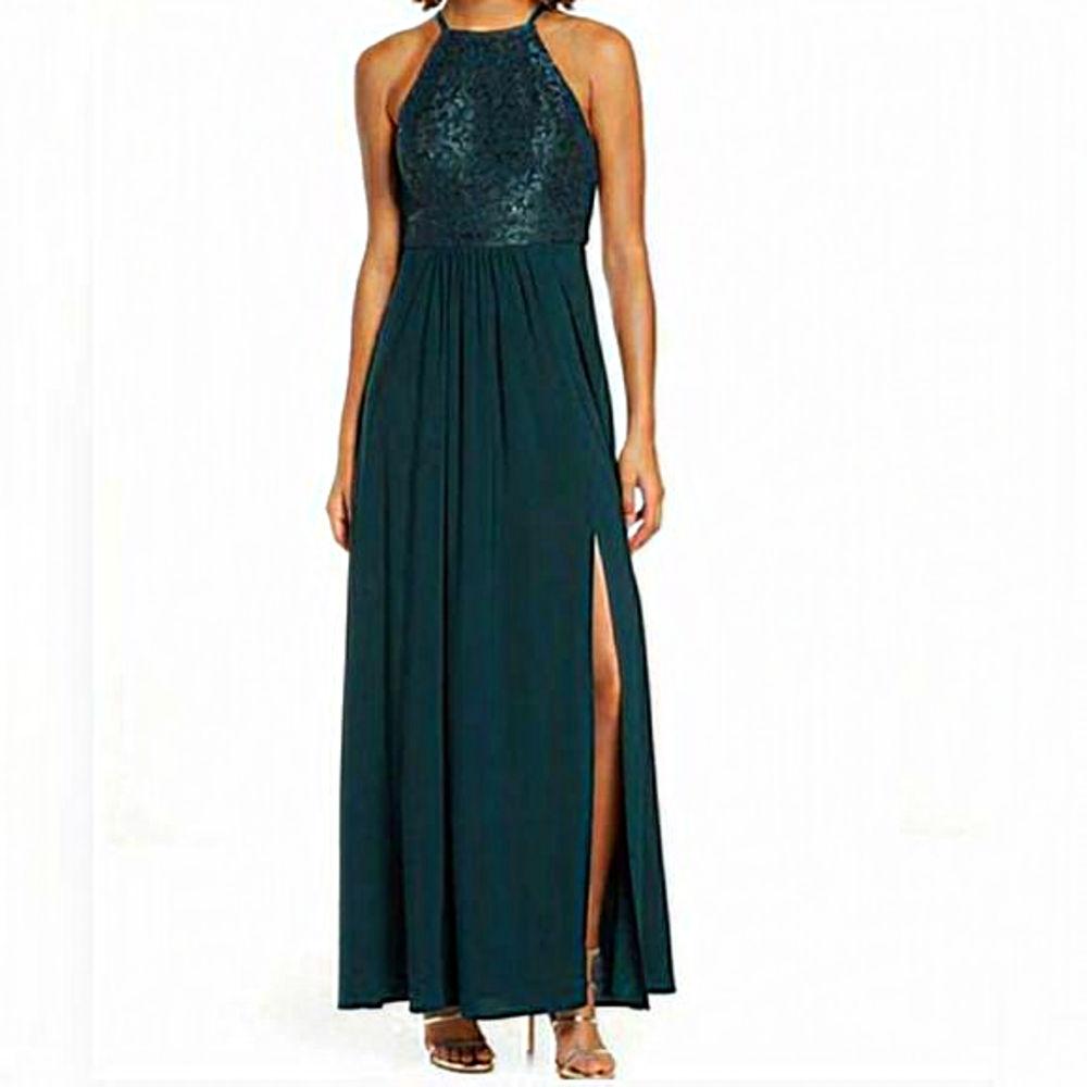 Nightway Dark‎ Green Sequin Lace Halter Long Formal Dress Size 8